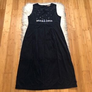 Vintage Woolrich Corduroy Embroidered Christmas Sleeveless Navy Maxi Dress M